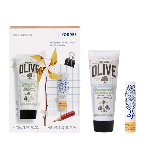 KORRES Winter Essentials Hand and Lip Care Set Gift Set for Men and Women with Nourishing Lipbalm Thyme Honey 4.5 g + Olive Sea Salt Hand Cream 75 ml